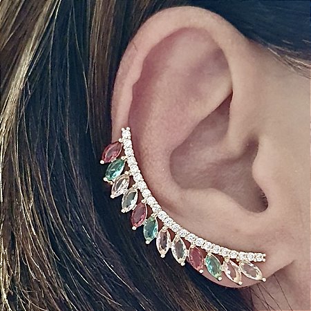 BRINCO EAR CUFF COM NAVETES COLORIDAS BANHADO A OURO 18 K