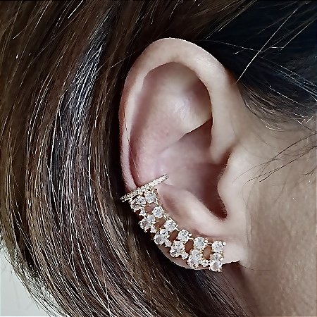 BRINCO EAR CUFF COM ZIRCONIAS DUPLAS BANHADO A OURO 18 K