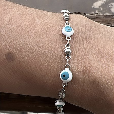 PULSEIRA OLHO GREGO BRANCO COM AZUL EM AÇO INOX