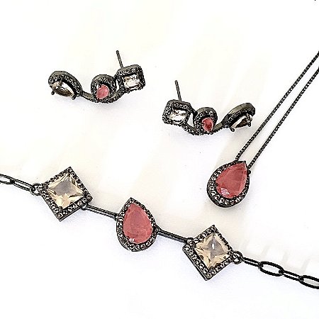 CONJUNTO COLAR PULSEIRA E BRINCO EAR CUFF LIVING CORAL E MORGANITA BANHADO A RODIO NEGRO