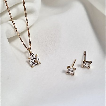 CONJUNTO COLAR E BRINCO PONTO DE LUZ COM ZIRCONIA CARRE BANHADO A OURO 18 K