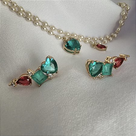 CONJUNTO BRINCO EAR CUFF E PULSEIRA PEROLA COM ZIRCONIAS COLORIDAS BANHADO A OURO 18 K