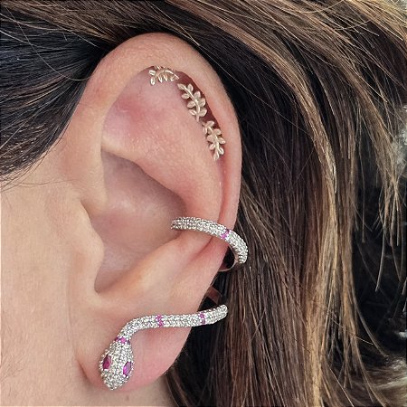 BRINCO EAR CUFF COBRA COM ZIRCONIAS CRISTAIS E RUBELITA BANHADO A RODIO