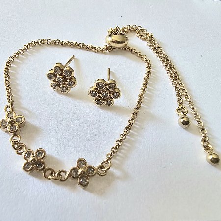 CONJUNTO BRINCO E PULSEIRA FLOR COM ZIRCONAS CRISTAL BANHADO A OURO 18 K