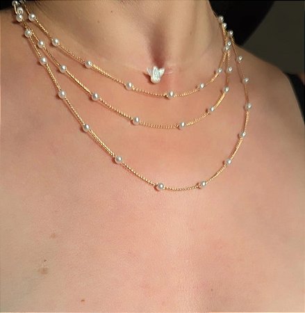 COLAR TRIPLO PEROLAS BANHADO A OURO 18 K