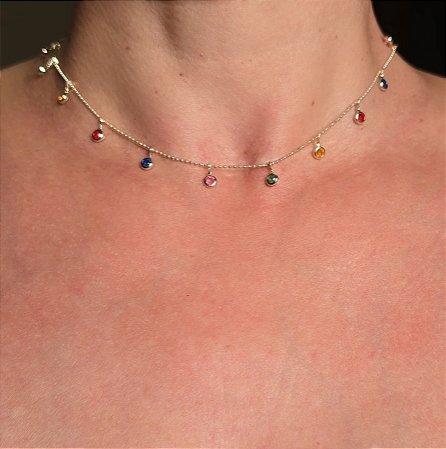 COLAR CHOKER COM ZIRCONIAS COLORIDAS BANHADO A OURO 18 K OU PRATA