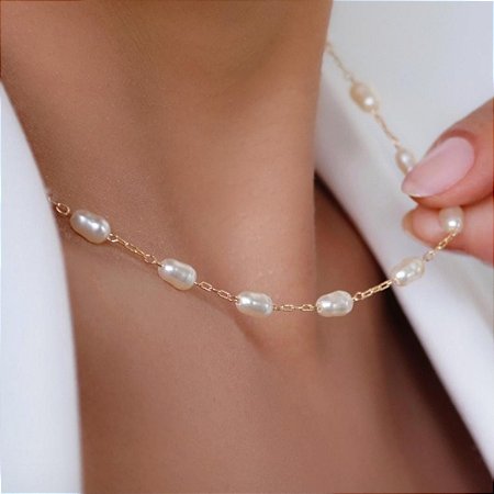 COLAR PEROLA AGUA DOCE BANHADO A OURO 18 K