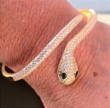 PULSEIRA BRACELETE COBRA COM ZIRCONIAS CRISTAIS BANHADA A OURO 18K