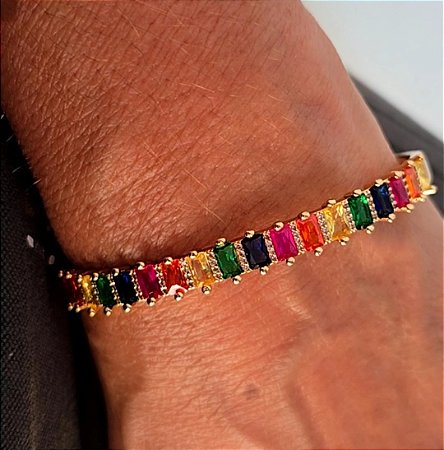 PULSEIRA BRACELETE BAGUETES COLORIDAS BANHADA A OURO 18 K