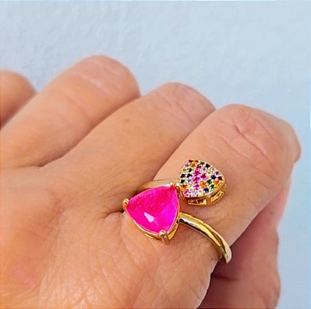 ANEL AJUSTAVEL COM ZIRCONIA FUSION PINK BANHADO A OURO 18 K