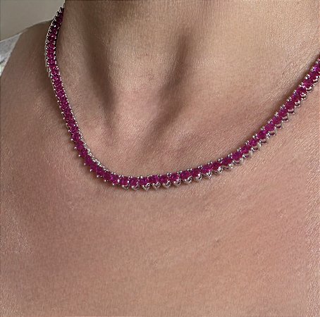 COLAR RIVIERA TRES PONTAS COM ZIRCONIAS RUBELITA BANHADO EM RODIO - 46CM