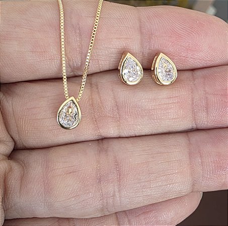 CONJUNTO COLAR E BRINCO GOTA COM ZIRCONIA CRISTAL BANHADO A OURO 18 K - P