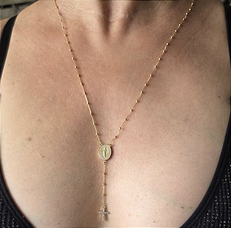 COLAR BOLINHAS ESTILO TERÇO COM NOSSA SENHORA DAS GRAÇAS BANHADO A OURO 18K