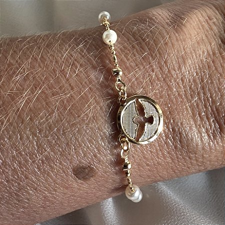 PULSEIRA PEROLA COM DIVINO ESPÍRITO SANTO BANHADA A OURO 18 K