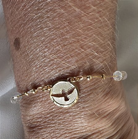 PULSEIRA CRISTAIS FURTACOR COM DIVINO ESPÍRITO SANTO BANHADA A OURO 18 K