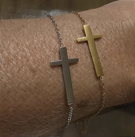 PULSEIRA CRUZ DOURADA OU PRATA EM AÇO INOX