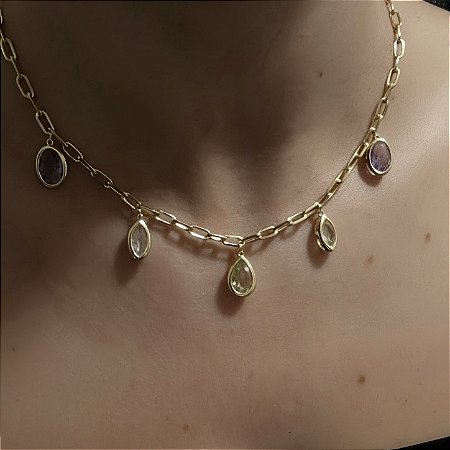 COLAR COM PINGENTES COLORIDOS BANHADO A OURO 18K
