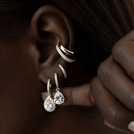 BRINCO TRIO ARGOLA CRAVEJADA COM PINGENTE GOTA BANHADO OURO 18 K - ARGOLINHA