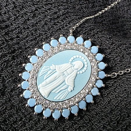 COLAR NOSSA SENHORA DAS GRACAS TURQUESA COM ZIRCONIAS BANHADO A RODIO