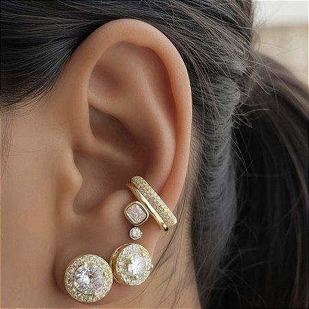 BRINCO DUO PONTO DE LUZ COM ZIRCÔNIA CRISTAL BANHADO A OURO 18K