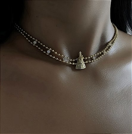 COLAR CHOKER NOSSA SENHORA CRAVEJADA COM ZIRCONIAS CRISTAL BANHADO A OURO 18K