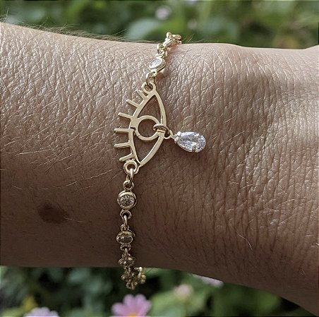 PULSEIRA OLHO GREGO COM PONTOS DE LUZ BANHADA A OURO 18 K