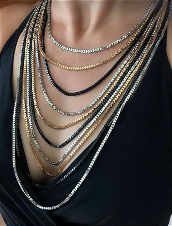COLAR VOLTAS DOURADO, PRATEADO E NEGRO - BIJUTERIA