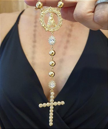 COLAR TERÇO NOSSA SENHORA APARECIDA COM ZIRCONIAS BANHADO A OURO 18 K