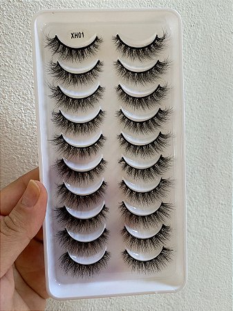 Cartela 10 Pares Cílios Postiços 3D XH01 Efeito Volumoso