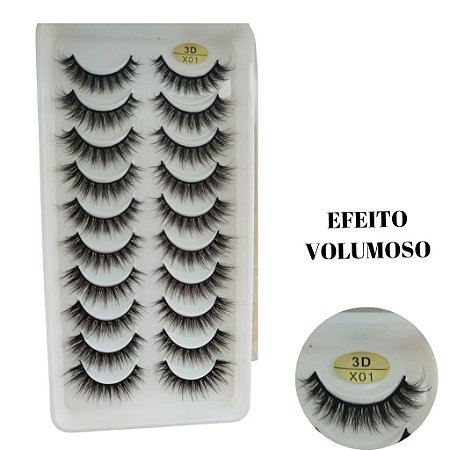 Cartela Com 10 Pares Cílios Postiços 3d X01 Efeito Volumoso