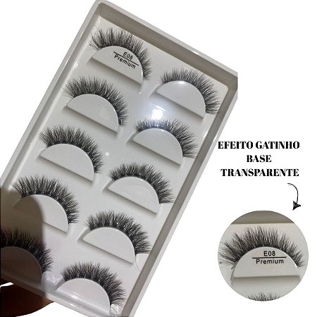 5 Pares Cílios Postiços E08 Premium estilo gatinho base transparente