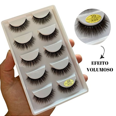 Cartela com 5 Pares de Cílios Postiços 3D X05 Estilo Volumoso