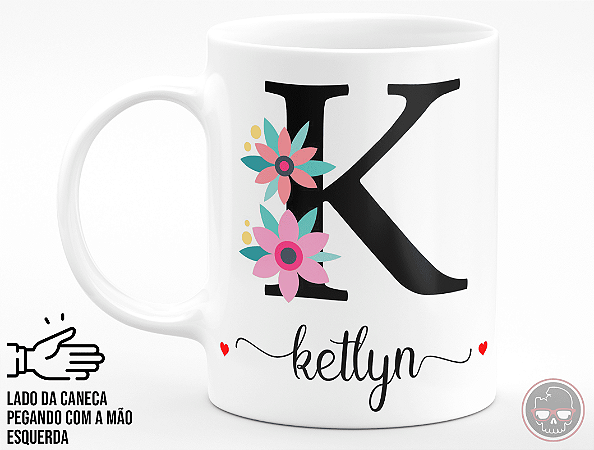 Caneca Letra "K" Floral + Porta Caneca Grátis