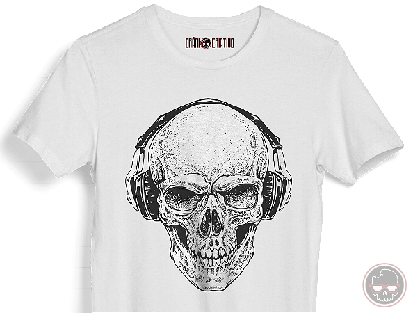 Camiseta Skull Listening To Music Malha 100% Algodão 30.1 Penteado