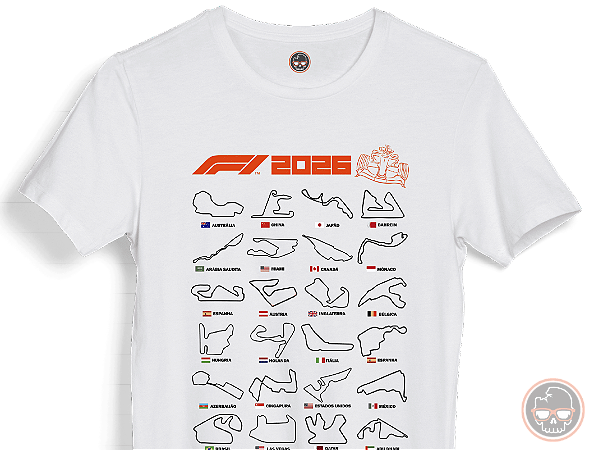 Camiseta Circuitos F1 2026 malha 100% ALGODÃO Fio 30.1 Penteado