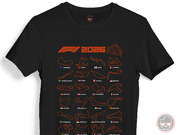 Camiseta Circuitos F1 2026 malha 100% ALGODÃO Fio 30.1 Penteado