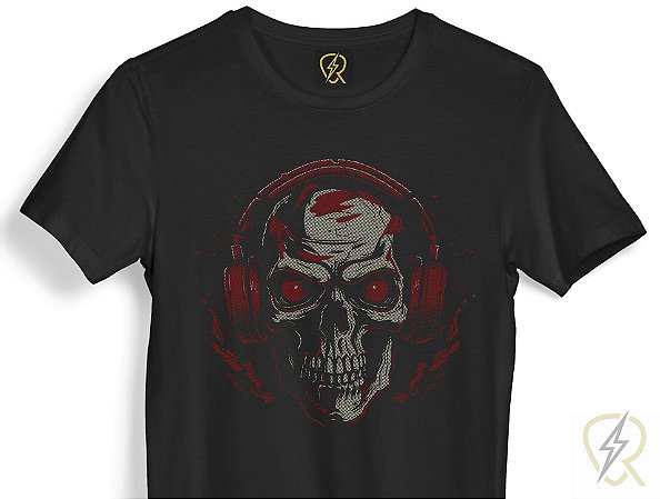 Camiseta Rocker Skull with Headphones 100% Algodão 30.1 Penteado
