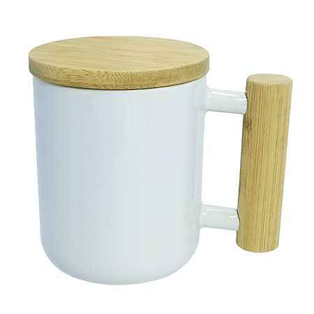 Caneca Cerâmica Branca Personalizada com Alça e Tampa de Bambu - 325ml