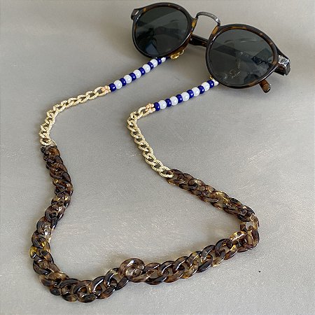 Cordão de óculos e cordão de máscara de elos em polímero, elos em metal banhado, pérolas e miçangas azul bic.