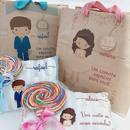 Convite LUXO - Sacola personalizada + travesseiro convite com lugar para pirulitão
