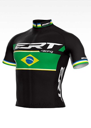 Camisa de Ciclismo Bike ERT Elite Cor Preta Bandeira do Brasil Zíper Inteiro com 3 bolsos