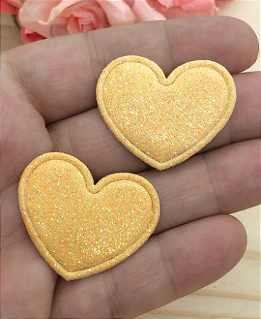 Aplique de Coração com Glitter Fino - Amarelo - 2 unidades