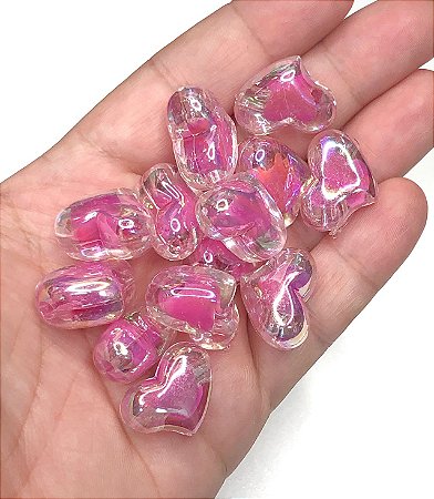Miçanga Coração Translúcido Grande - Rosa Chiclete - 30 gramas