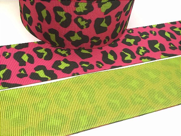 Fita de Gorgurão Estampada Dupla Face - Animal Print Rosa e Verde - Artfitas - 38mm