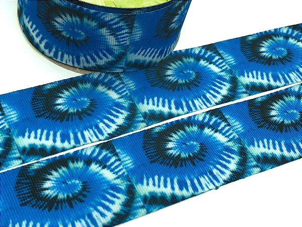 Fita de Gorgurão Estampada - Tie Dye Tons de Azul Forte - Artfitas - 38mm