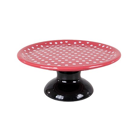 SUPORTE PARA BOLO LINHA POÁ EM CERÂMICA VERMELHA ESTAMPADA E BASE PRETA 30,5 CM MESA POSTA FESTAS