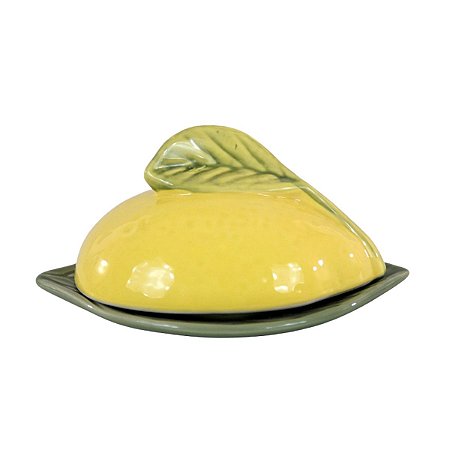 MANTEIGUEIRA LIMÃO SICILIANO EM CERAMICA AMARELA E VERDE 18 X 15,5 X 10 CM MESA POSTA CAFÉ DA MANHÃ