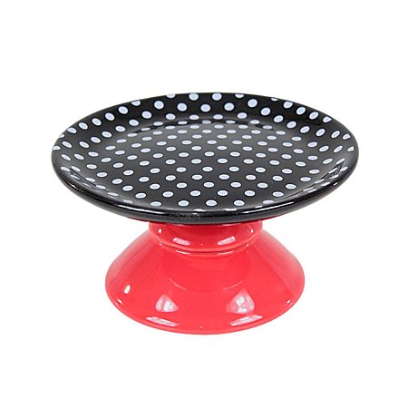 SUPORTE PARA BOLO LINHA POÁ EM CERÂMICA PRETO ESTAMPADA E BASE VERMELHA 18 CM MESA POSTA FESTAS