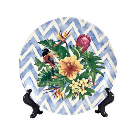 KIT 2 PRATOS DE SOBREMESA LINHA SUMMER EM CERAMICA ESTAMPA AZUL BRANCO FLORAL 20 CM MESA POSTA