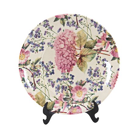 KIT 2 PRATOS DE SOBREMESA LINHA MONACO HORTENSIA EM CERAMICA BEGE FLORAL 20,5 CM MESA POSTA